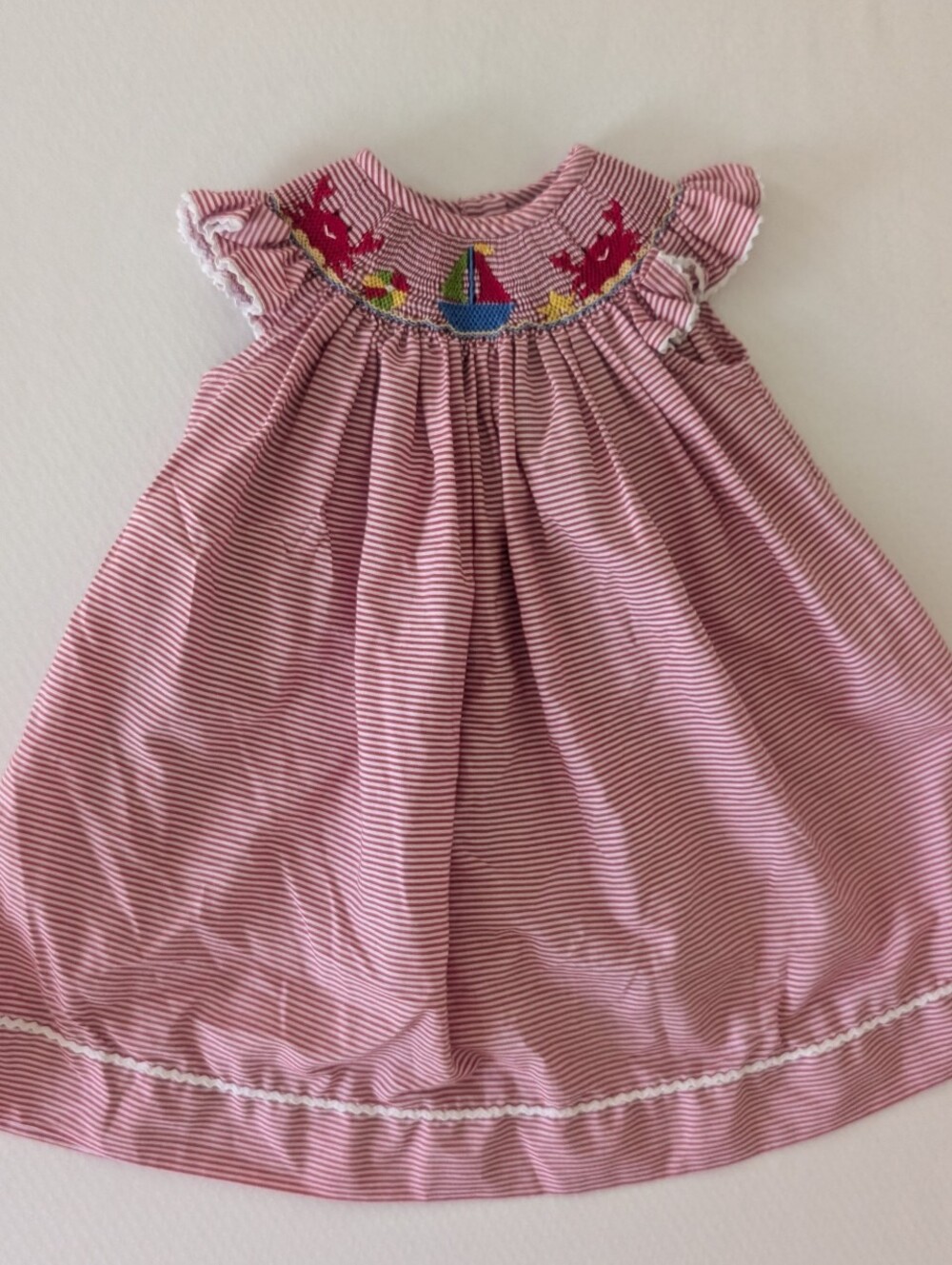 Girls Silly Goose Hand Smocked Dress Ship Crab Beach Red White Stripes 12M